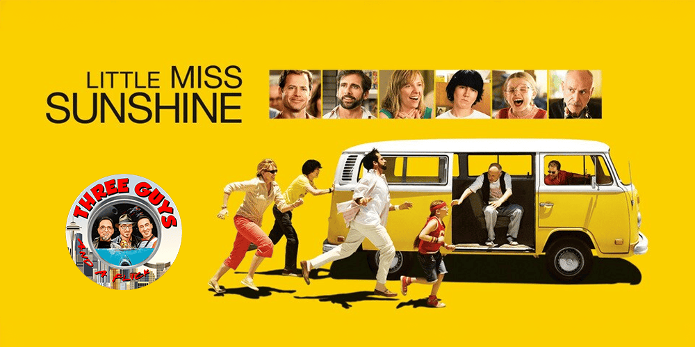Group of characters from Little Miss Sunshine standing next to a yellow van.