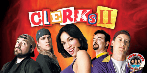 Group of five people, four men and one woman, posing together for Clerks II review.