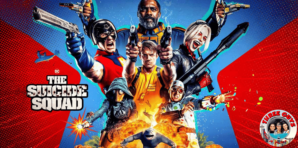 Colorful poster of "The Suicide Squad" featuring diverse characters with weapons and explosive backg.