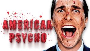 Image of a man with blood-splattered face, screaming, from American Psycho movie review.