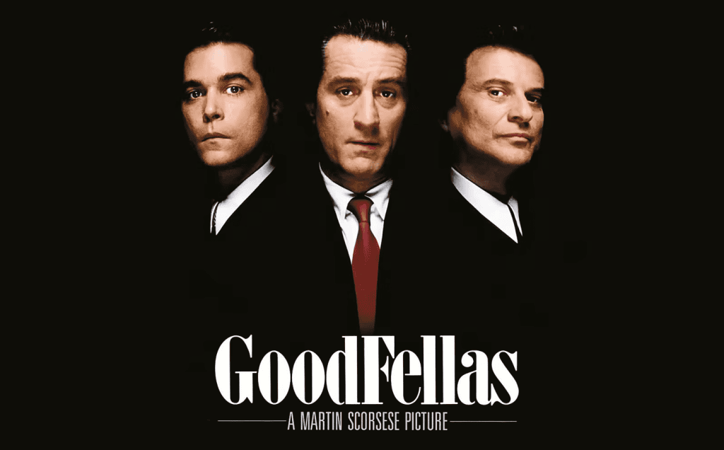 Three men in suits from the GoodFellas movie poster for the review podcast.