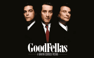 Three men in suits from the GoodFellas movie poster for the review podcast.