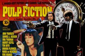 Cover image of the Pulp Fiction movie review podcast featuring characters with guns and a clock.