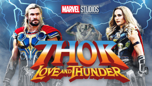 Official poster for Marvel's Thor: Love and Thunder featuring Thor and Jane Foster.