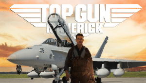 Top Gun Maverick movie review with a fighter pilot and jet at sunset.