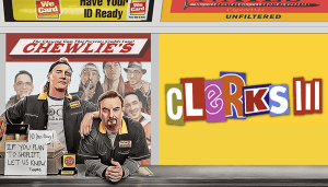 Promotional image for "Clerks III" featuring characters from the movie.