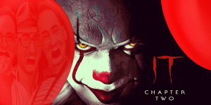 Scary clown face from the horror film It, featuring menacing eyes and red makeup.
