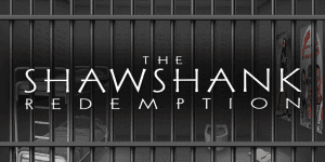 The Shawshank Redemption movie poster with title text on prison bars background.