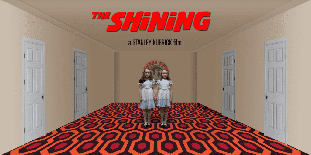 The Shining movie poster featuring two girls standing in a patterned hallway.
