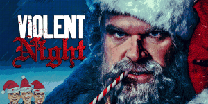 Intense close-up of Santa Claus with a fierce expression, holiday background, and a candy cane.