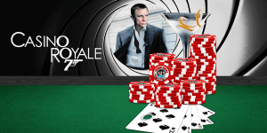 Casino Royale scene with poker chips and playing cards.