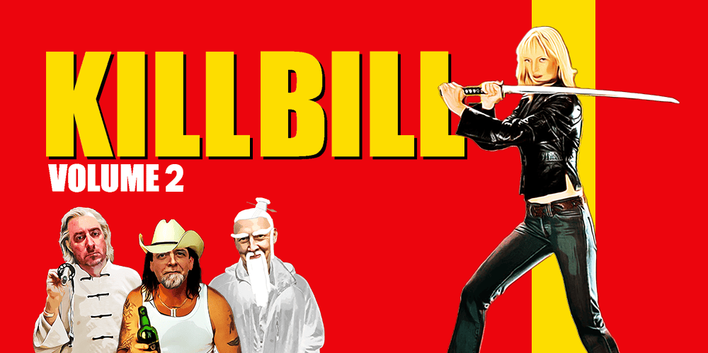 Promotional poster for Kill Bill Volume 2 featuring the Bride with a sword and three characters in t.