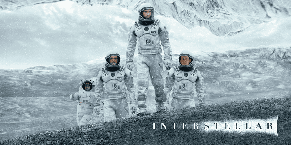 Interstellar movie scene with astronauts in icy landscape.