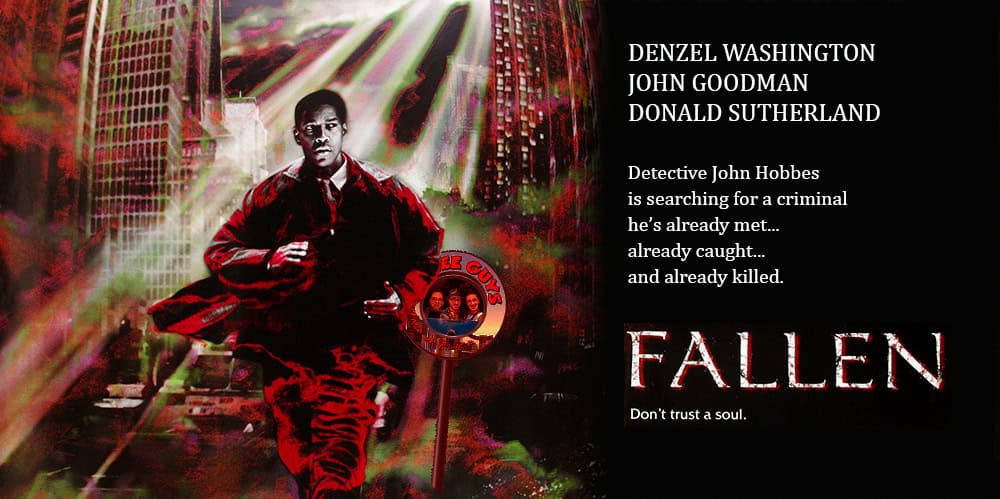Cover image for "Fallen" movie review podcast featuring a young boy in a cityscape background.