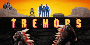 Logo of 3 Guys and a Flick podcast with movie-themed background and title "Tremors".