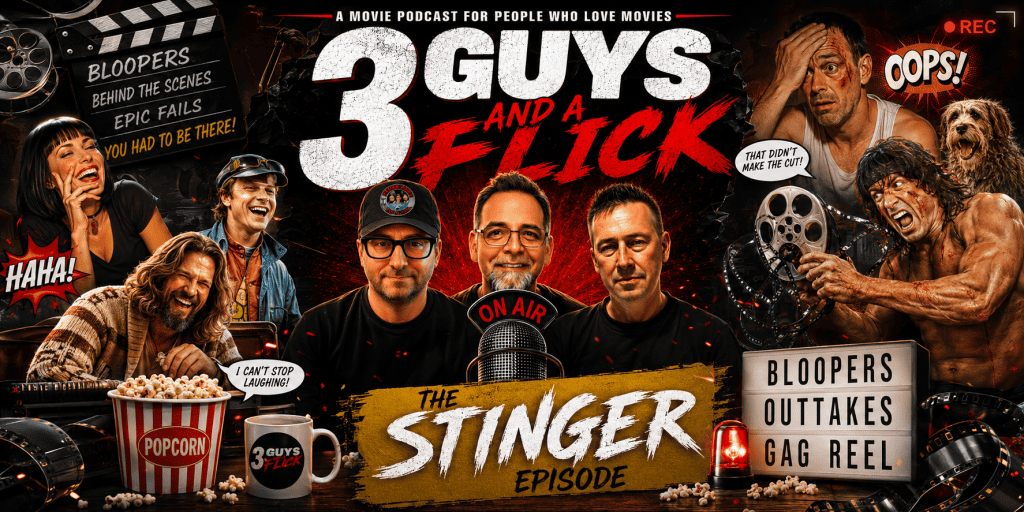 Logo of 3 Guys and a Flick movie review podcast featuring hosts and movie-themed graphics.