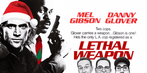 Image of Mel Gibson and Danny Glover from Lethal Weapon with holiday hat.