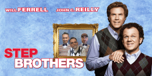 Image from "Step Brothers" featuring Will Ferrell and John C. Reilly, promoting the movie review pod.