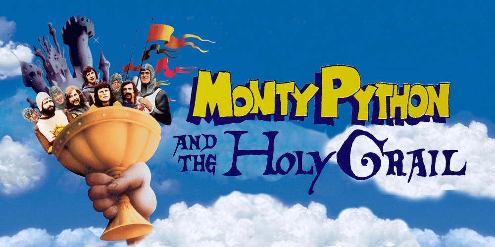 Monty Python and the Holy Grail movie poster with characters and the Holy Grail.