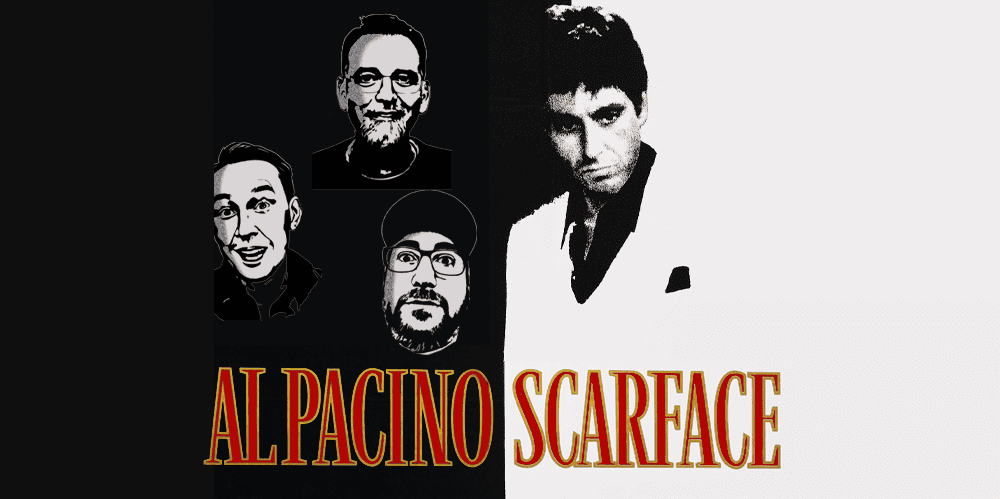 Four men discussing the film Scarface on the Al Pacino-themed podcast.