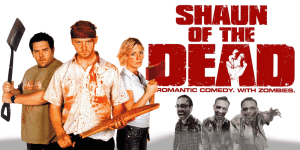 Promotional poster for Shawn of the Dead featuring the main characters with weapons.