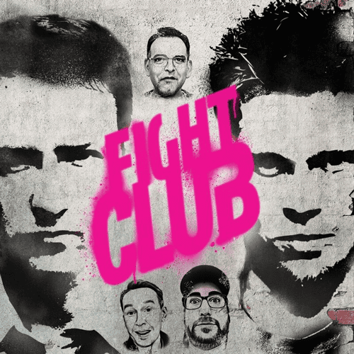 Fight Club movie poster with podcast hosts' faces and title overlay.