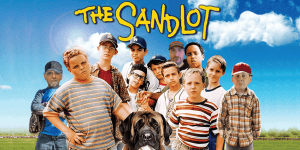Group of kids and a dog from The Sandlot movie, outdoor scene, sunny day.