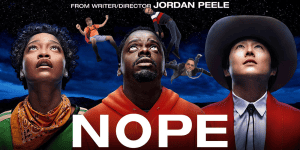 Promotional poster for the movie "NOPE" featuring diverse characters and skydivers.