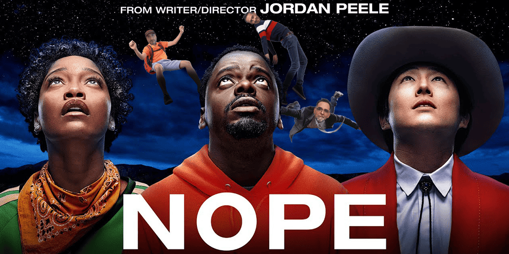 Promotional poster for the movie "NOPE" featuring diverse characters and skydivers.