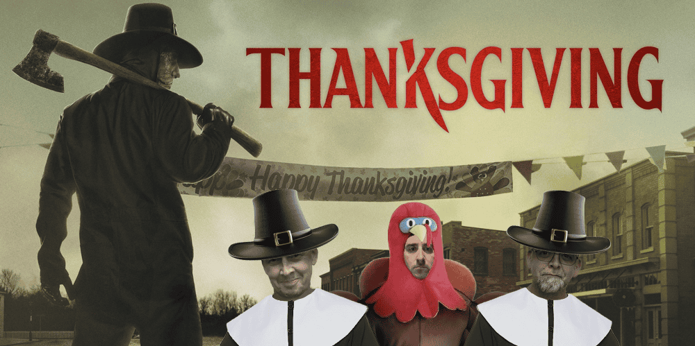 Group of people in Thanksgiving-themed costumes, including a pilgrim, turkey, and scarecrow.