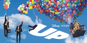 Logo of "3 Guys and a Flick" podcast with balloons and house from Up movie.