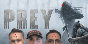 Podcast cover featuring "Prey" movie poster with hosts from 3 Guys and a Flick.