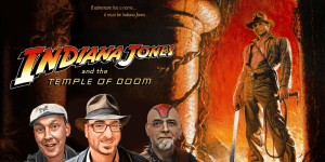 Indiana Jones in action with a whip in front of a fiery background, movie poster style.