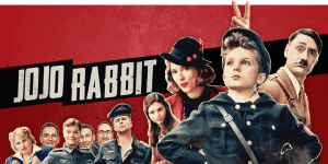 Podcast cover featuring characters from Jojo Rabbit for movie review discussion.