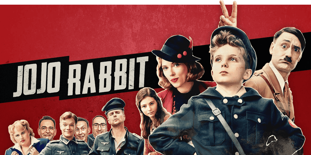Podcast cover featuring characters from Jojo Rabbit for movie review discussion.