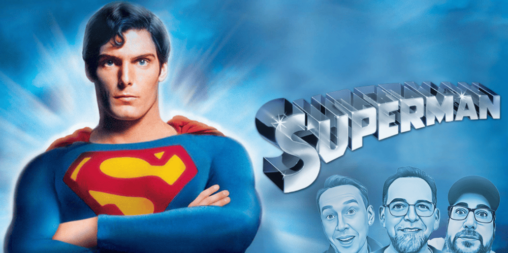 Superman with podcast hosts promoting the movie review show.