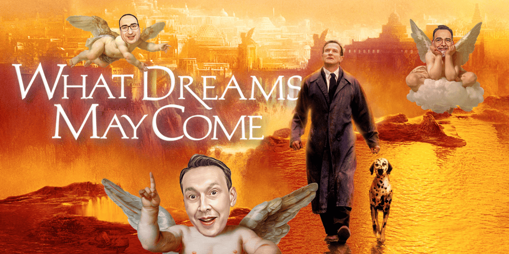 Logo of "3 Guys and a Flick" movie review podcast with hosts and surreal background.