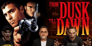 Promotional image for "3 Guys and a Flick" podcast featuring "Dusk Till Dawn" movie review.