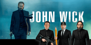 John Wick movie review podcast logo with characters from the film.