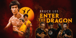 Bruce Lee Enter the Dragon movie poster with martial arts characters and iconic imagery.