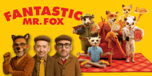 Group of characters from Fantastic Mr. Fox movie, including animals and humans, on a bright yellow b.