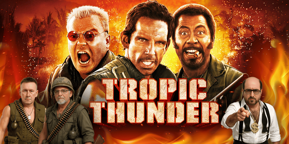 Three men dressed as characters from Tropic Thunder with fiery background.