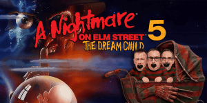Three men dressed as characters from "A Nightmare on Elm Street 5" movie, discussing horror films.