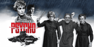 The cast of Hitchcock's Psycho movie review podcast with rain and dark background.