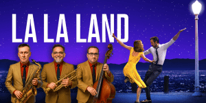 The La La Land cast with jazz instruments and dancers under a starry sky.