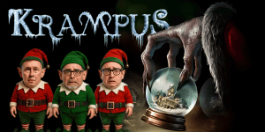 Promotional image for "Krampus" movie review podcast featuring three elves and a spooky hand.