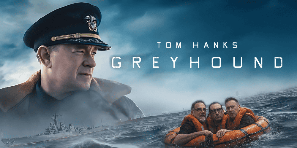 Tom Hanks in Greyhound movie poster with navy background and rescue scene.
