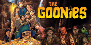 The Goonies movie review podcast cover featuring characters and iconic imagery from the film.