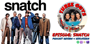 The cast of Three Guys and a Flick podcast, dressed in vintage and modern outfits, posing together.