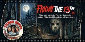 Friday the 13th horror movie poster with Jason's mask in a dark forest scene.